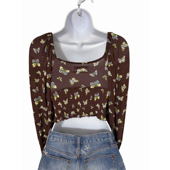 Urban Outfitters Brown Butterfly Smocked Crop Top Long Sleeve Small - Picture 5 of 8